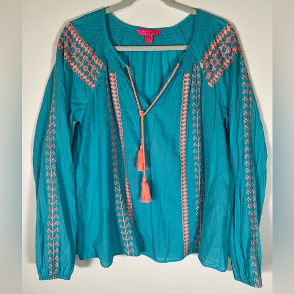 Lilly Pulitzer Tops - Lilly Pulitzer embroidered Lara long sleeve blouse top bermuda blue sz L preppy